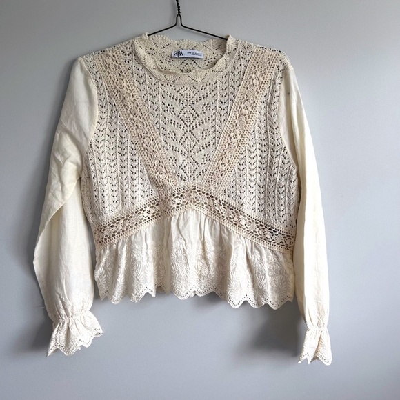 Zara knit lace top, off white, long sleeves - Picture 1 of 10